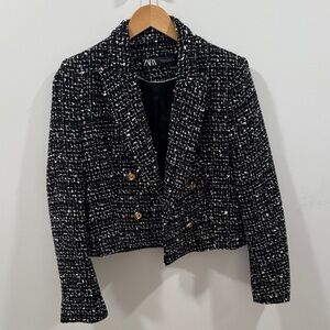 Zara Black and White Tweed Cropped Blazer